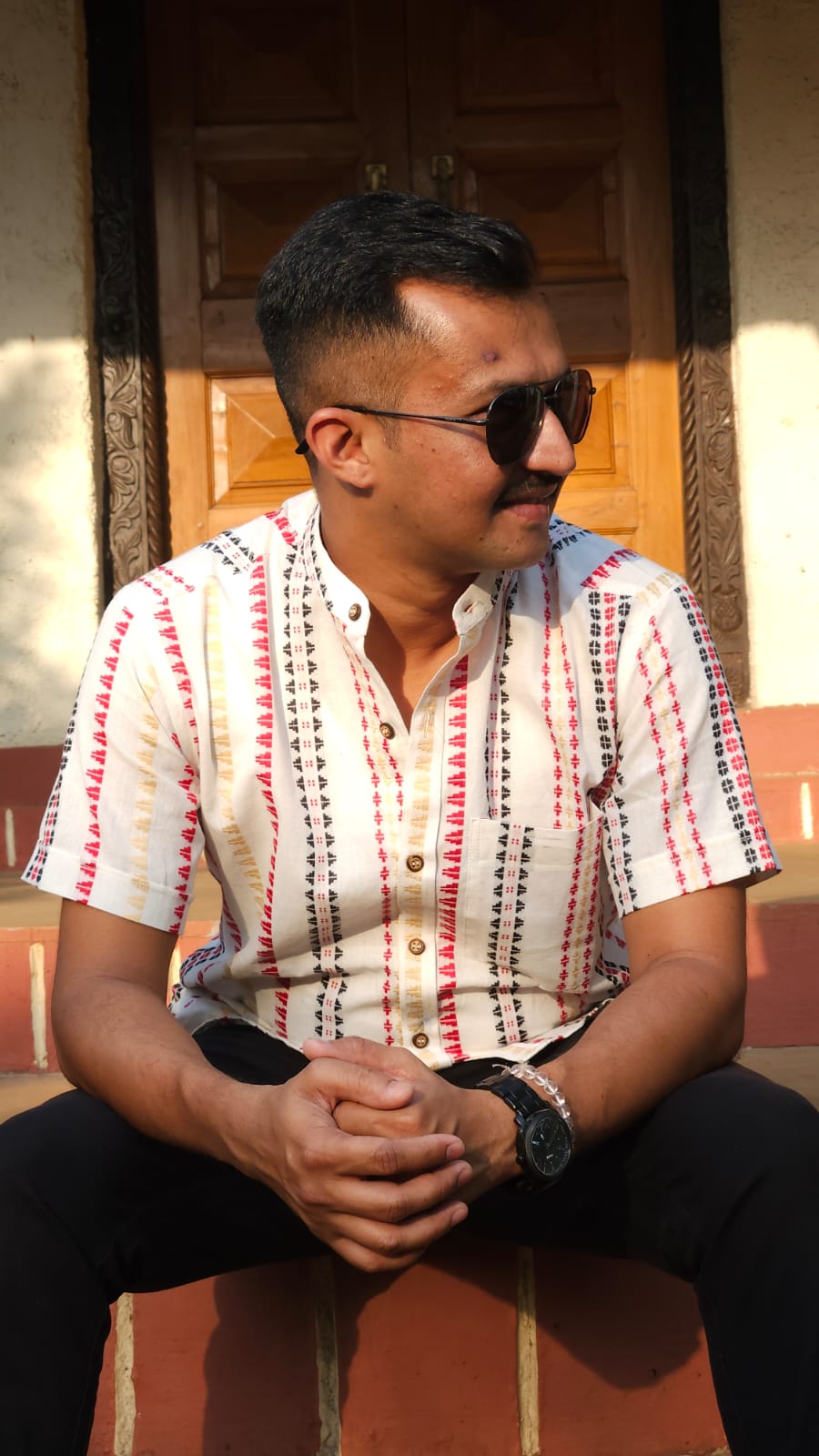 White Jamdani stand collar