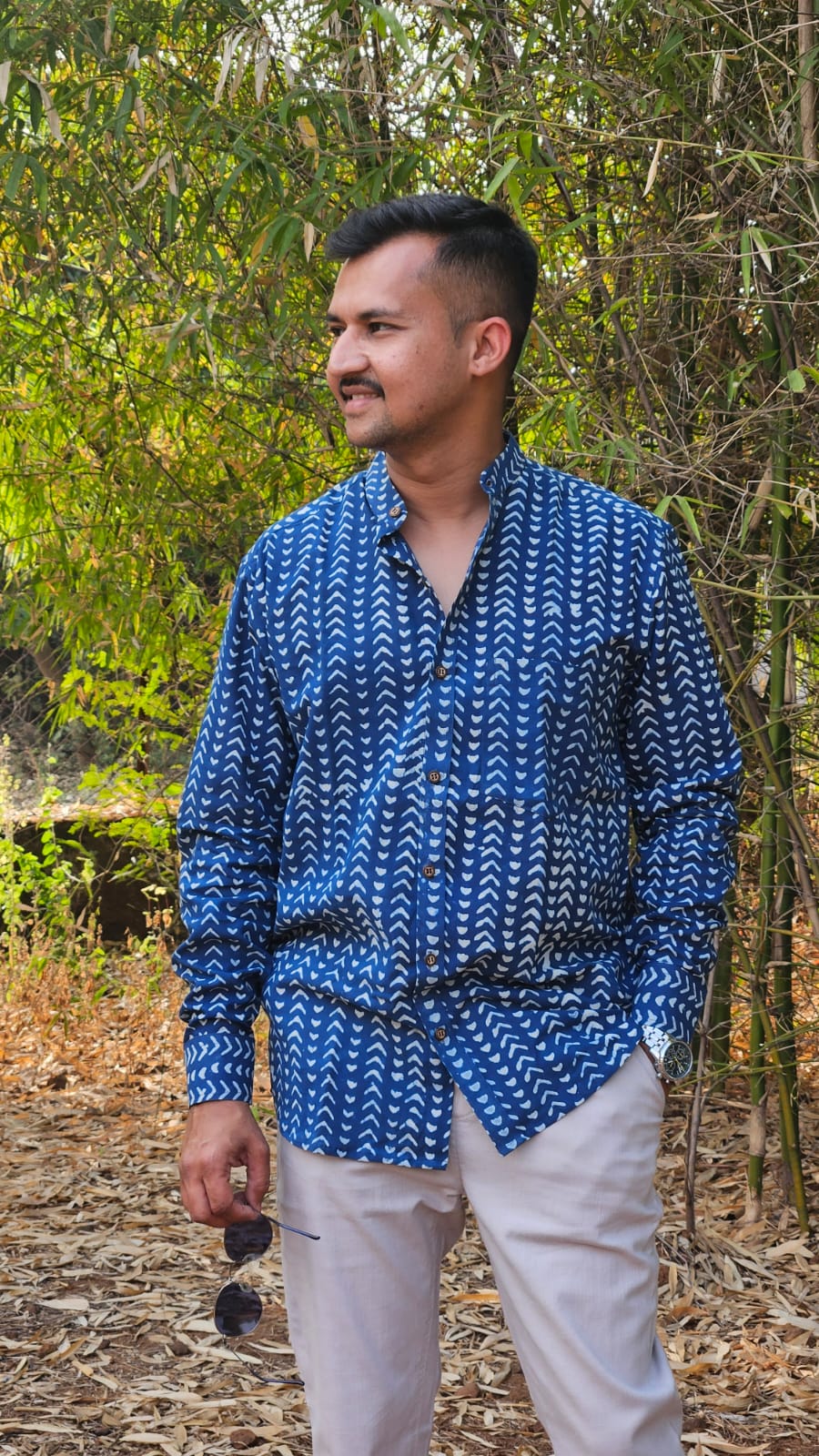 Indigo Stand collar full sleeves shirt