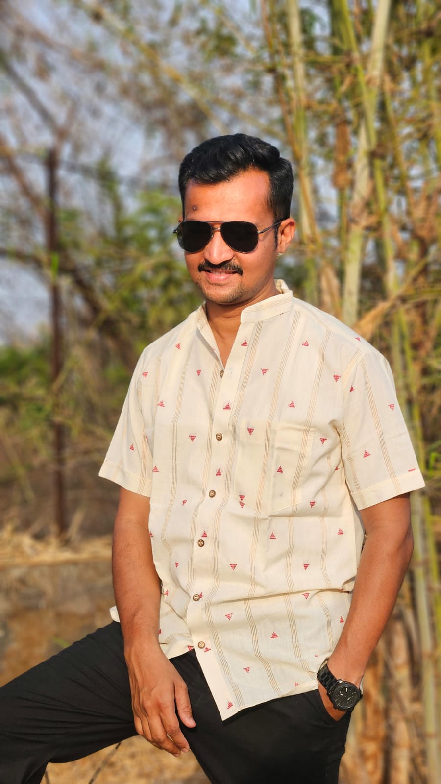 Triangle handwoven stand collar shirt