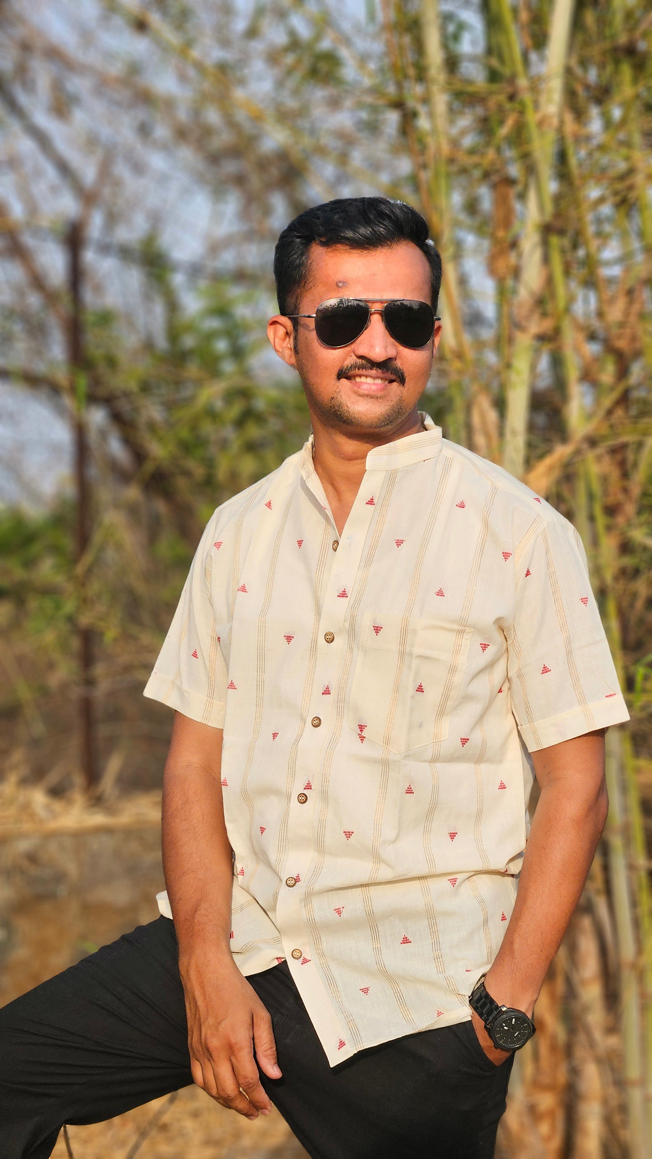 Triangle handwoven stand collar shirt