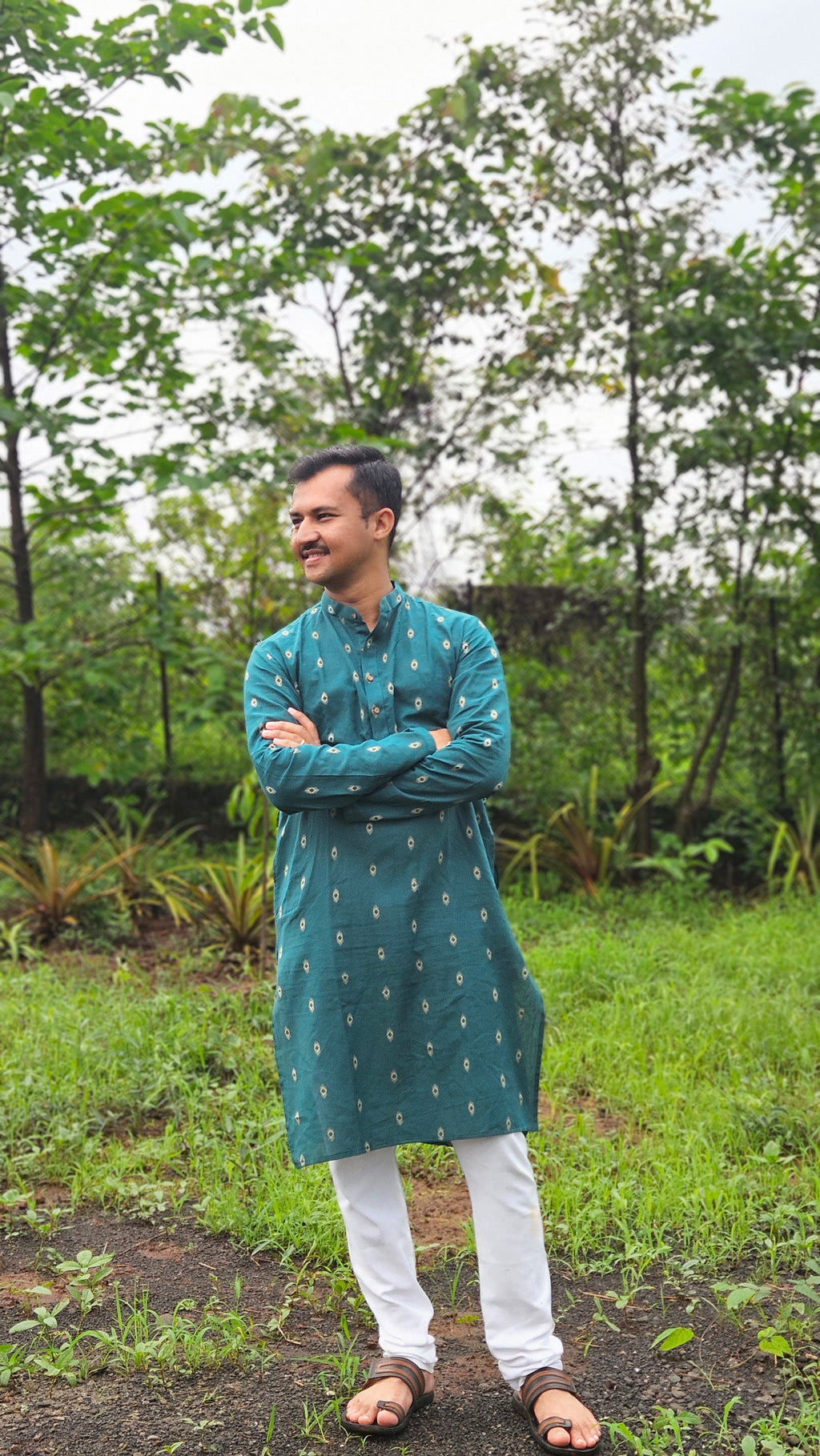 Teal green handwoven kurta