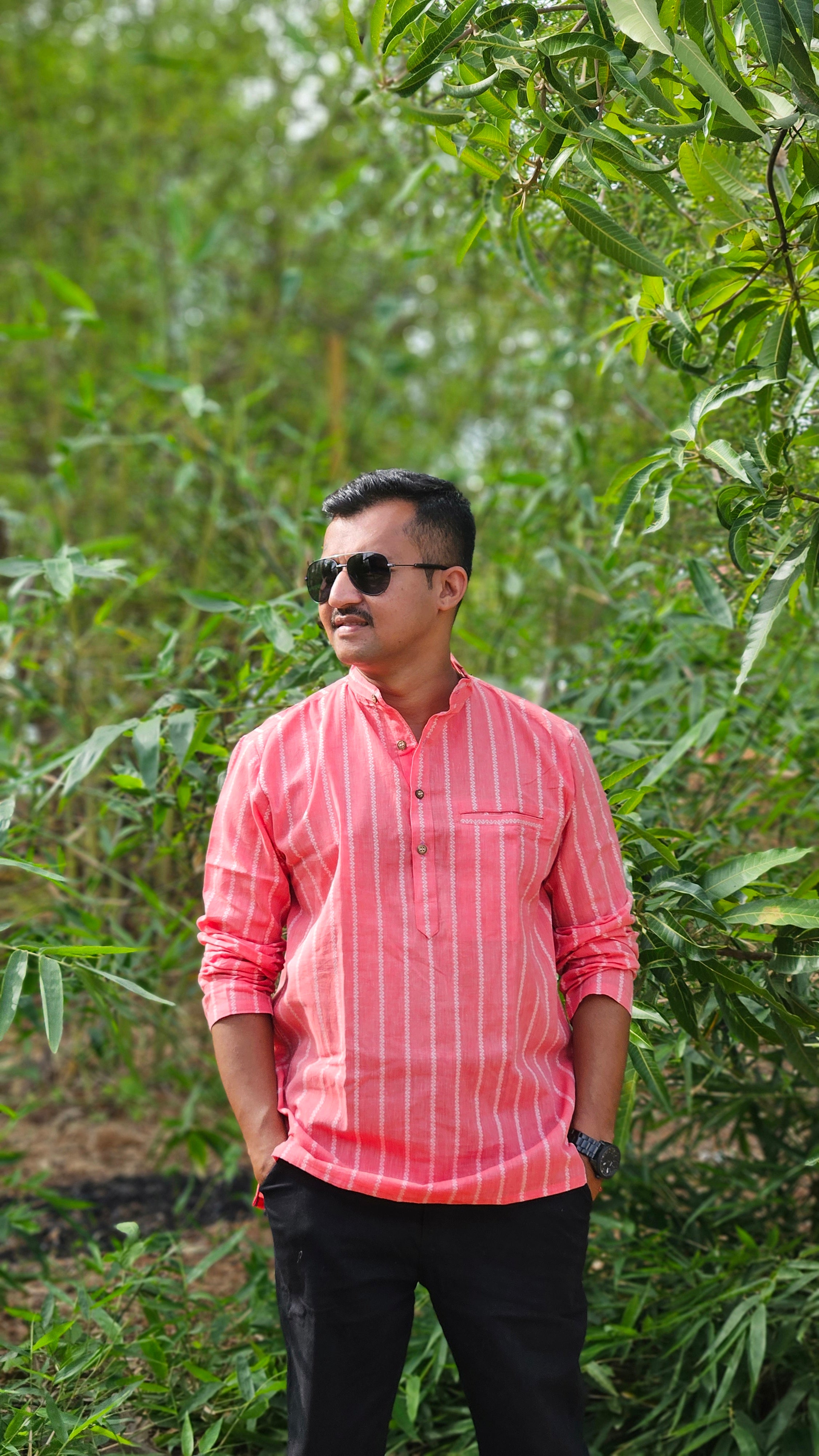 Coral stripes handwoven short kurta