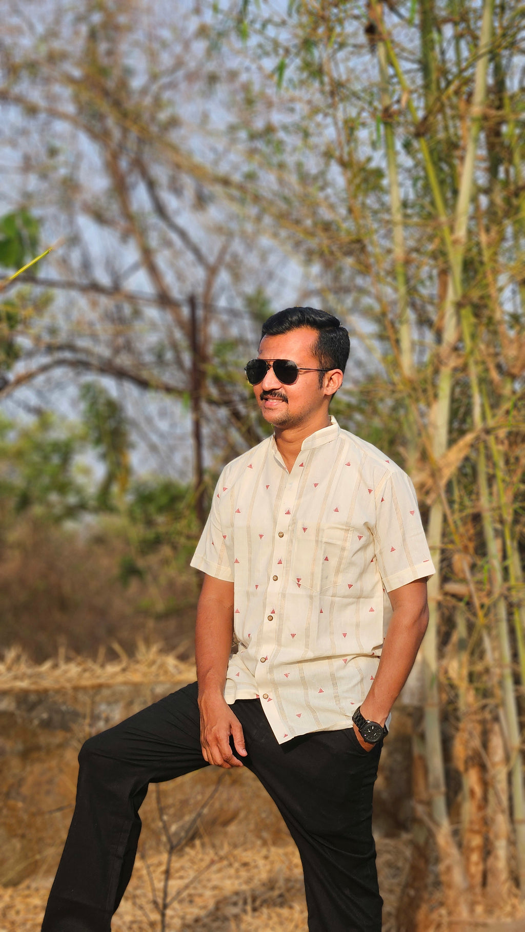 Triangle handwoven stand collar shirt