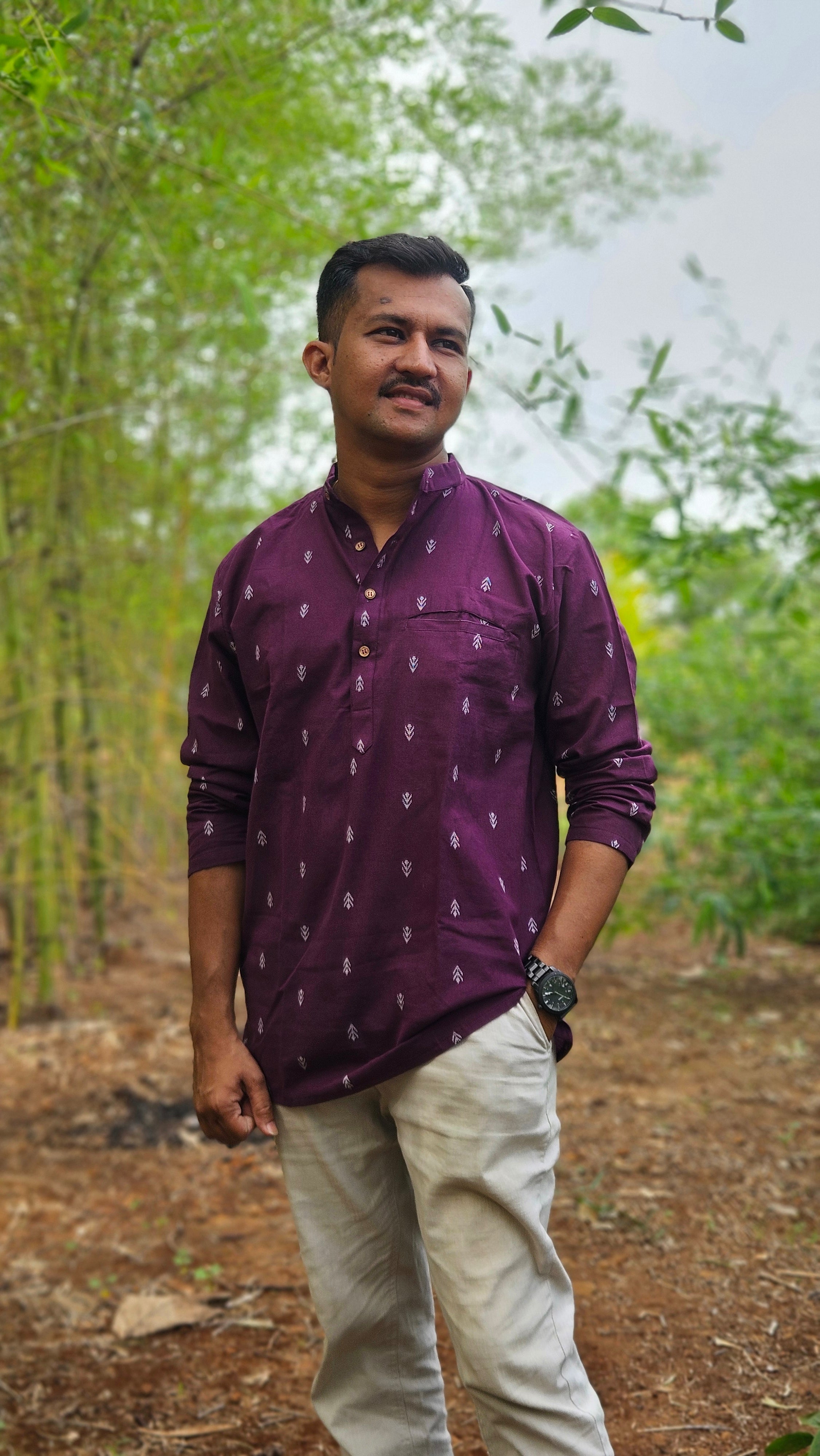Wine handwoven short kurta