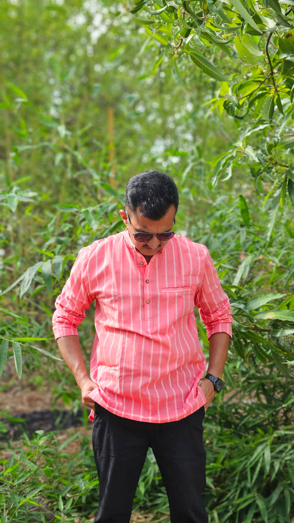 Coral stripes handwoven short kurta